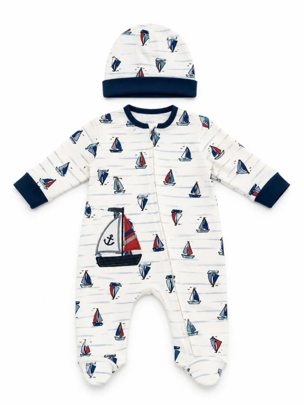 NWT Baby Essentials Baby Boy 2 Piece Sleeper Set Nautical Sailboat Applique Size